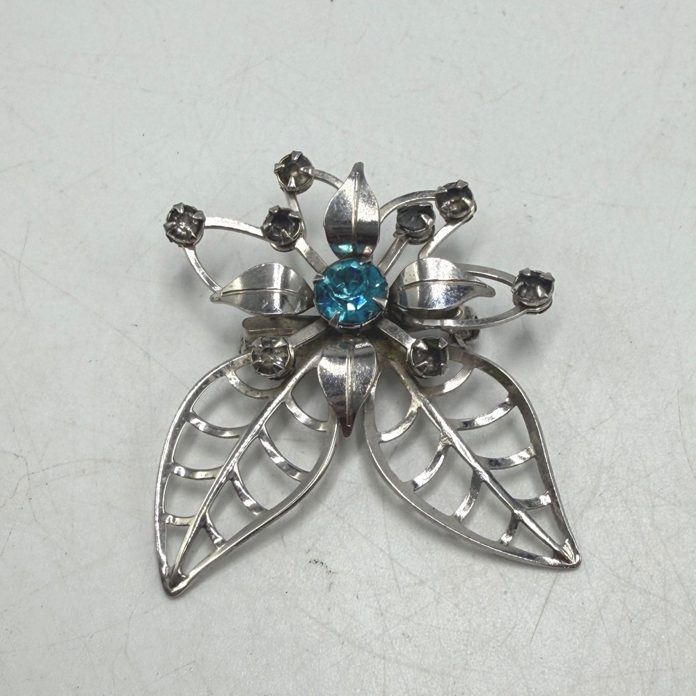 Vintage Silver Tone Floral Leaf Brooch Turquoise Blue Rhinestone Accent Pin